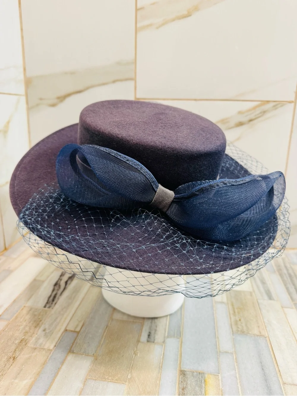 Vintage Bollman Hat Co USA Navy Doeskin Felt Wide Brim Veil Hat Sz 7 Wool